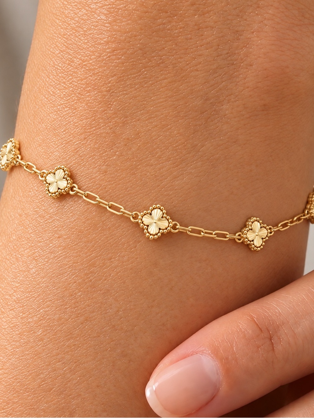 14K Gold Plated Petite Clover Station Link Bracelet Double Sided Adjustable